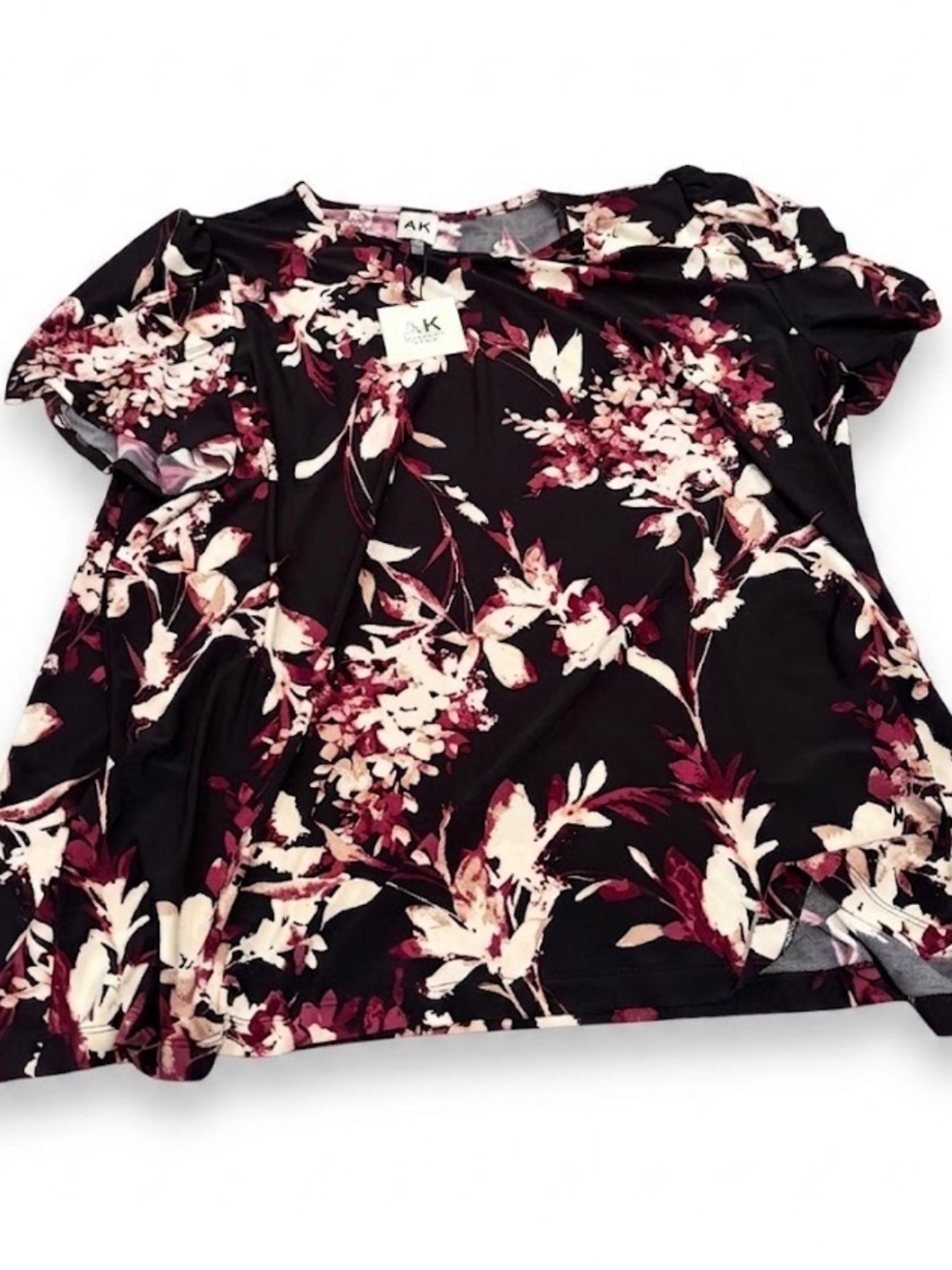 AK Anne Klein Floral Short Sleeve Blouse Black Burgundy Plus Size Top 3X XXXL